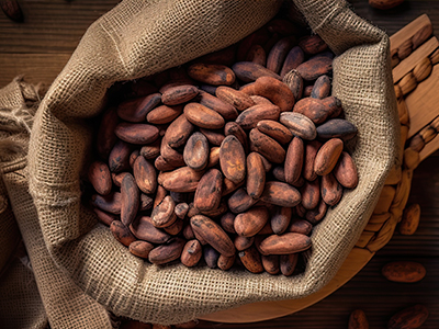 a large sack of cocoa beans on a wooden surface