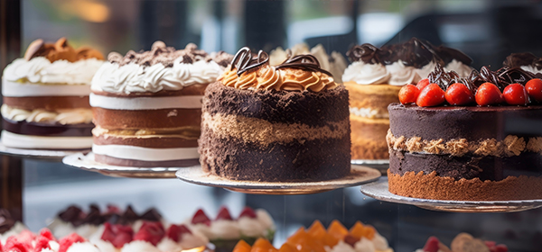 a number of different chocolate cakes on top of a glass cabinet at a bakery