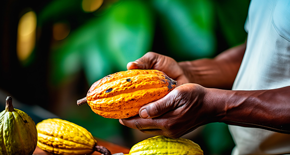 a man holding a ripened cocoa pod with three pods below on a surface
