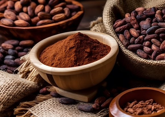 a bowl of cocoa powder next to bowls of cocoa beans on a wooden surface